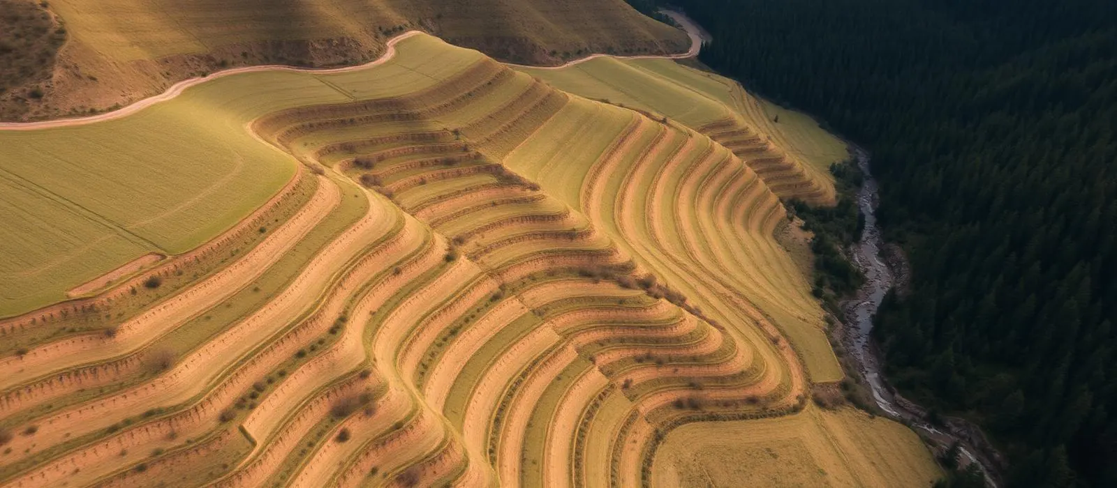 Aerial view of a regenerative agriculture landscape with contour terraces and forest edge