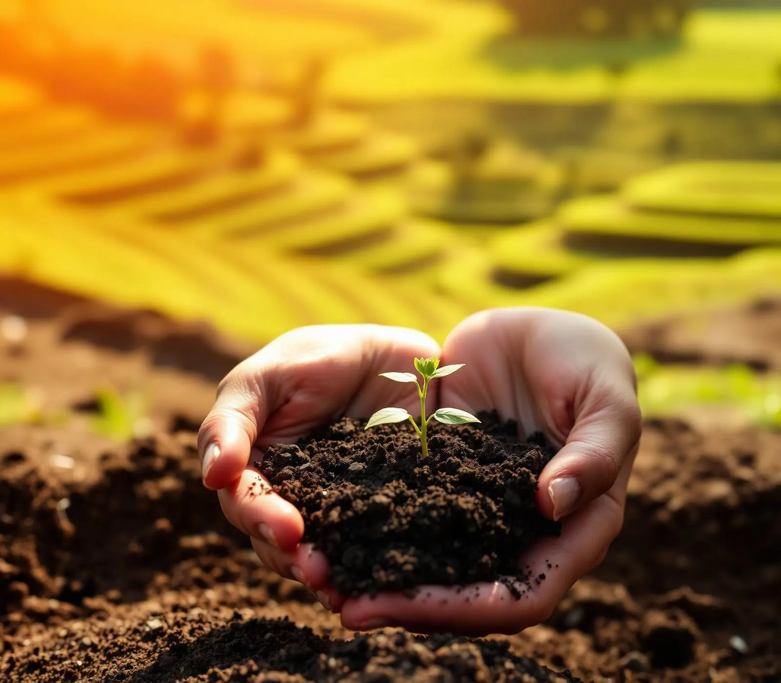 Hands cradling rich soil with a small green seedling, above a regenerative farmed landscape